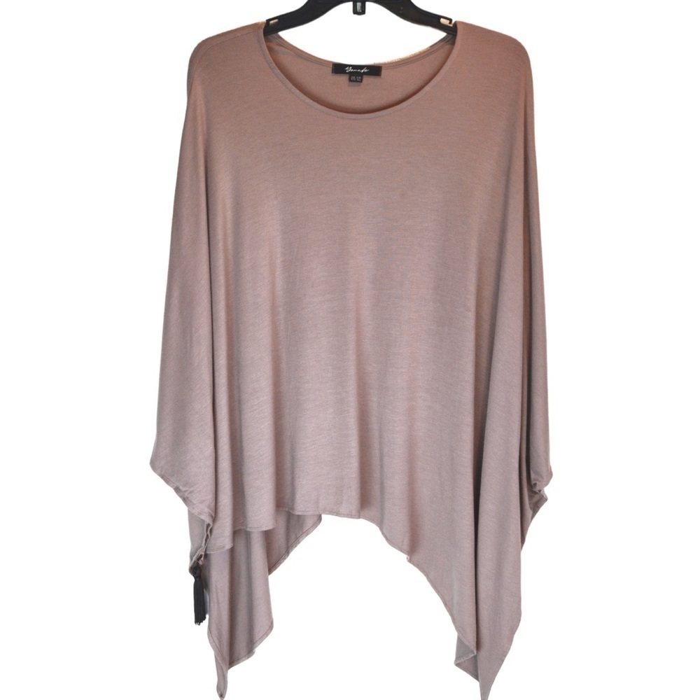 YANA K Asymmetrical Scoop‎ Neck Jersey Knit Poncho Taupe Color with Tassels OSFA